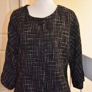 Black & white tweed collarless jacket by East 5th.